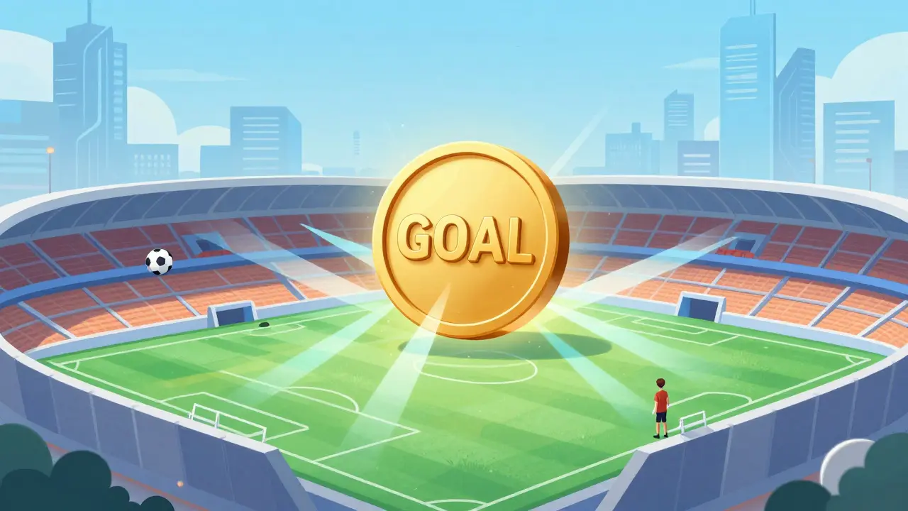 A golden GOAL token powering upgrades in a futuristic football metaverse stadium