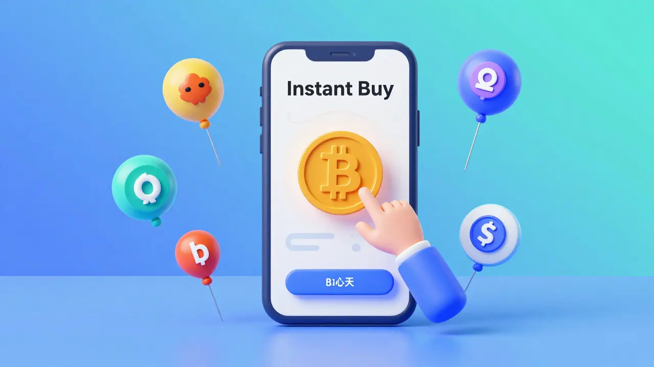 A person easily buying Bitcoin on a smartphone in a bright, colorful cartoon setting.