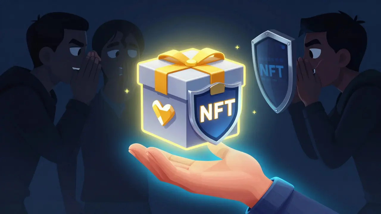 A person using a digital shield for protection while claiming an NFT loot box from scammers.