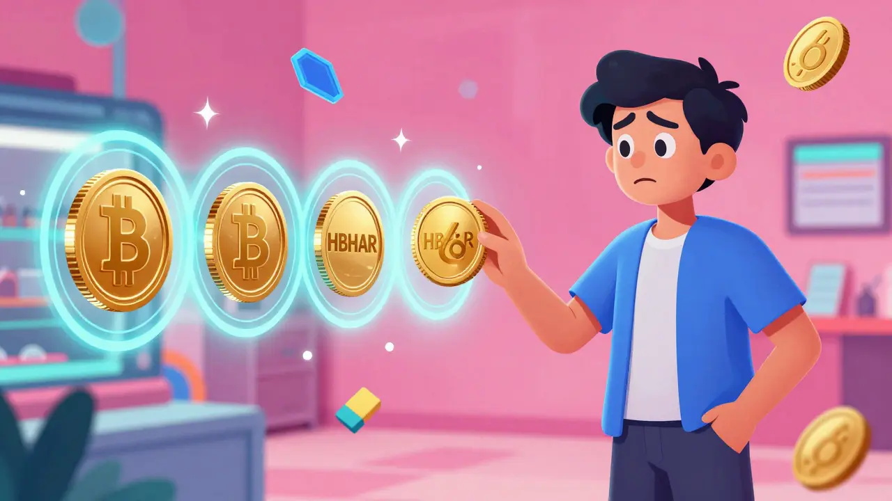 A person using a holographic portal to swap HBAR tokens for BTC.ℏ coins.