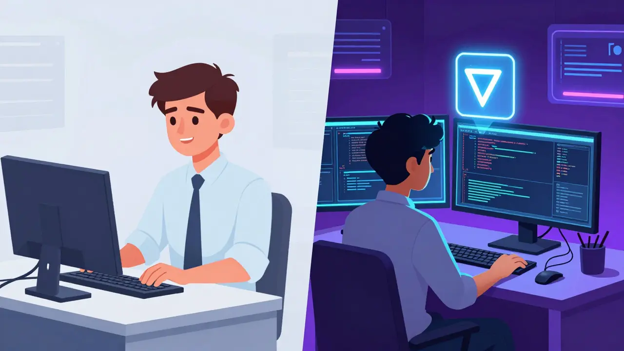 A programmer splitting time between a government office and a secret blockchain coding setup