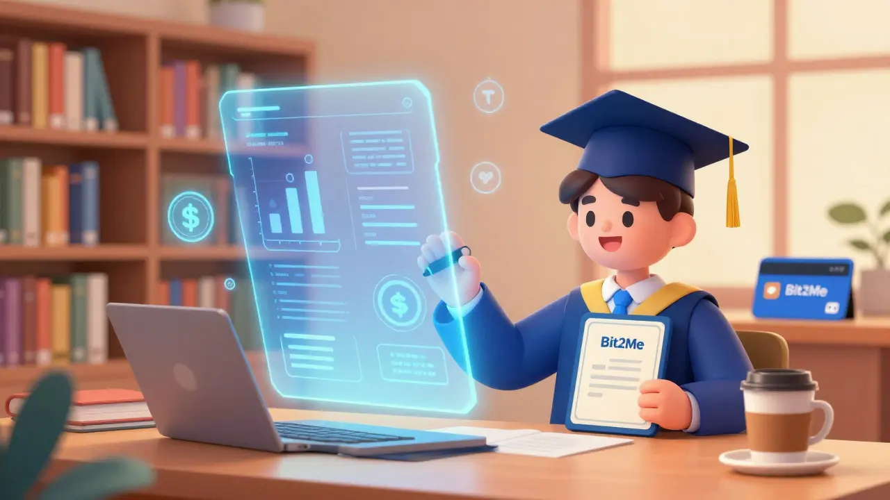 A student in a digital library with holographic books and a crypto debit card on the table.