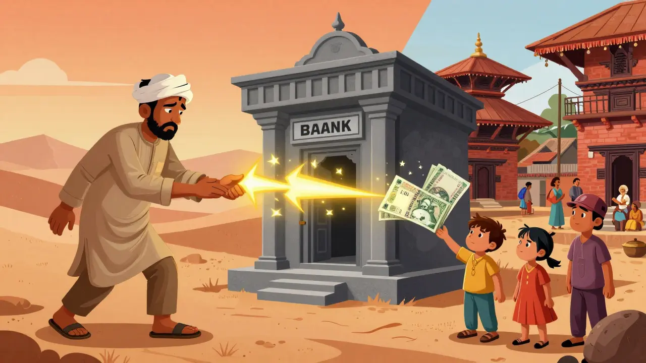 A worker abroad sending a digital coin that turns into cash for a family in Nepal