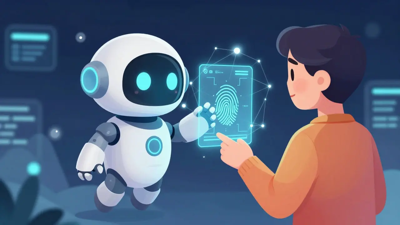 Cartoon AI robot assistant managing biometric identity scans connected to a blockchain network.