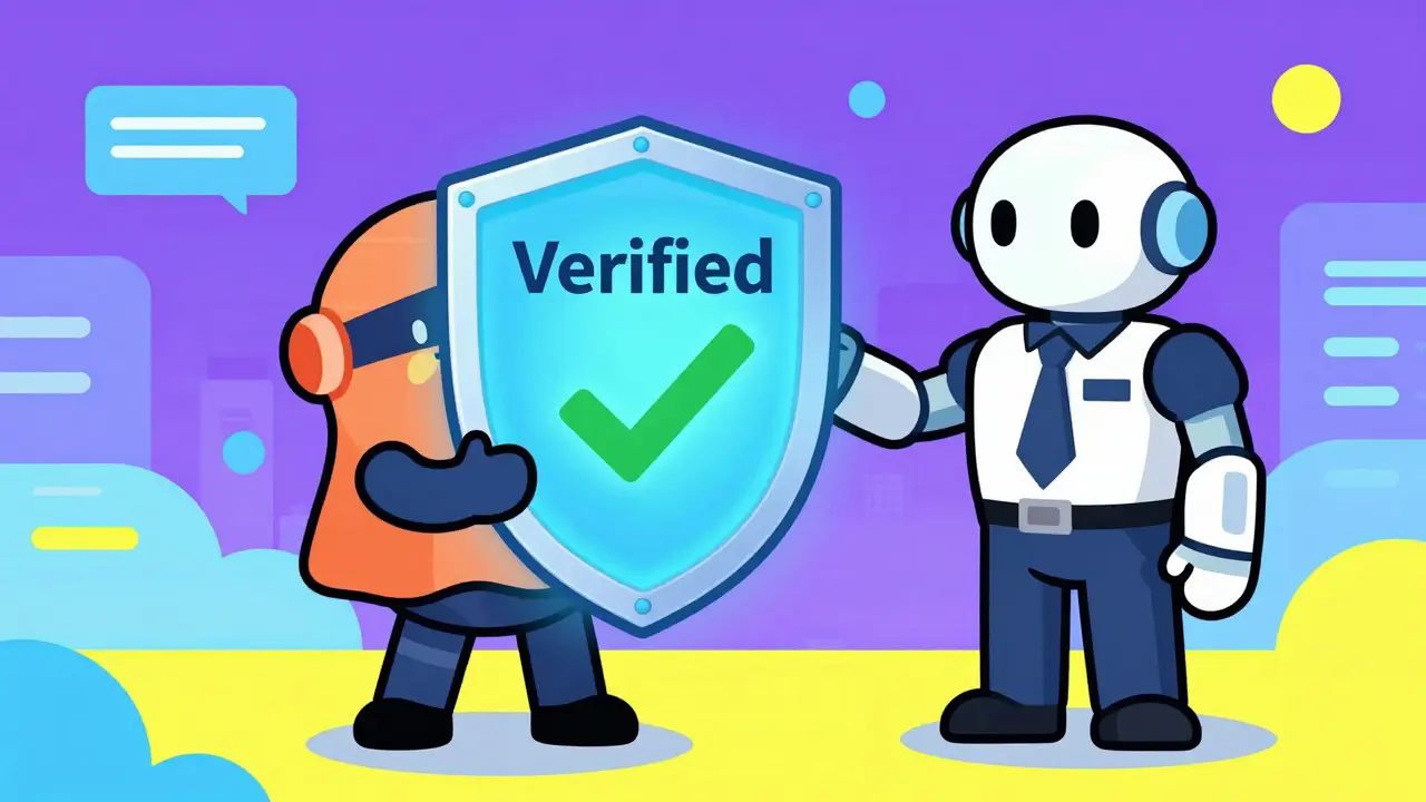 Cartoon character using a digital shield with a green checkmark to prove identity to a robot.