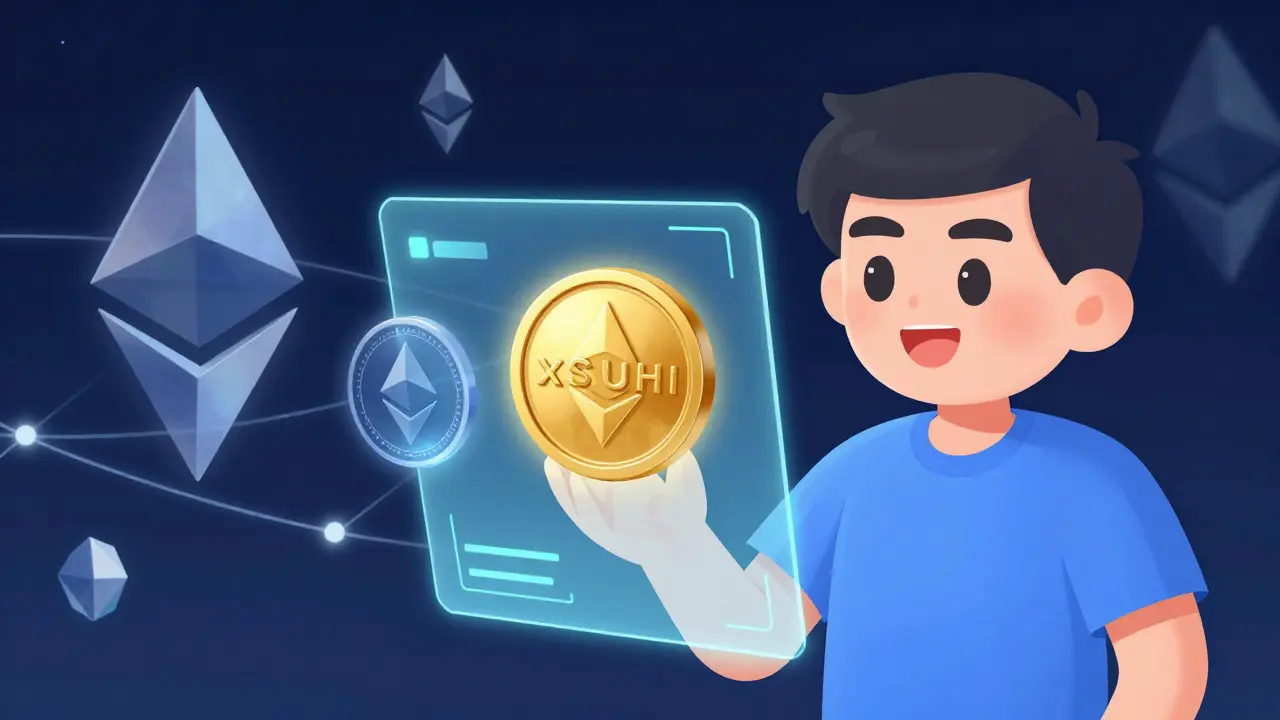 Cartoon character viewing a glowing xSUSHI token in a holographic digital wallet.