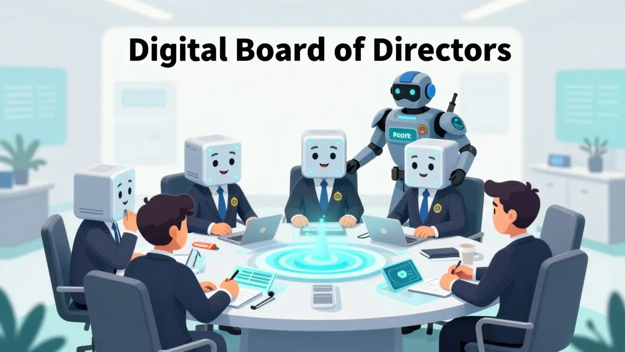 Cartoon characters as server nodes in a business meeting validating blockchain transactions