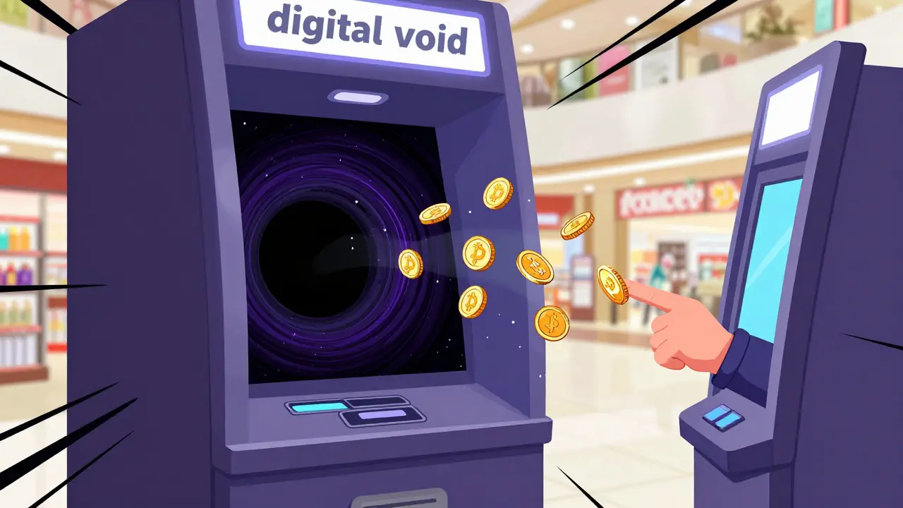 Cartoon depicting money being sucked into a digital vortex through a crypto ATM kiosk.