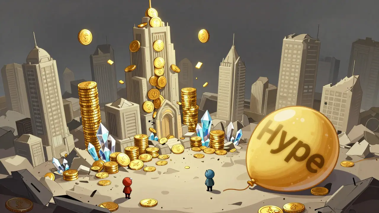 Cartoon depiction of a crumbling digital city of coins symbolizing a market crash.