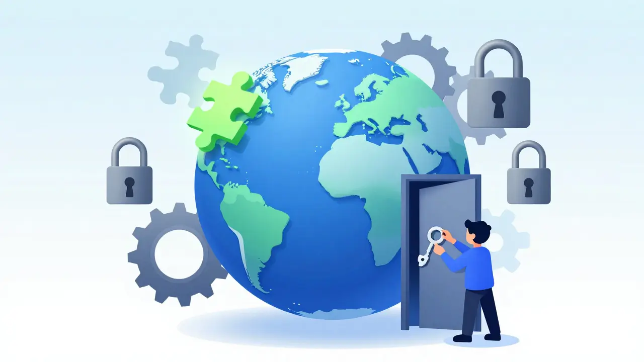 Cartoon illustration of a globe with locks and puzzle pieces representing regulations.