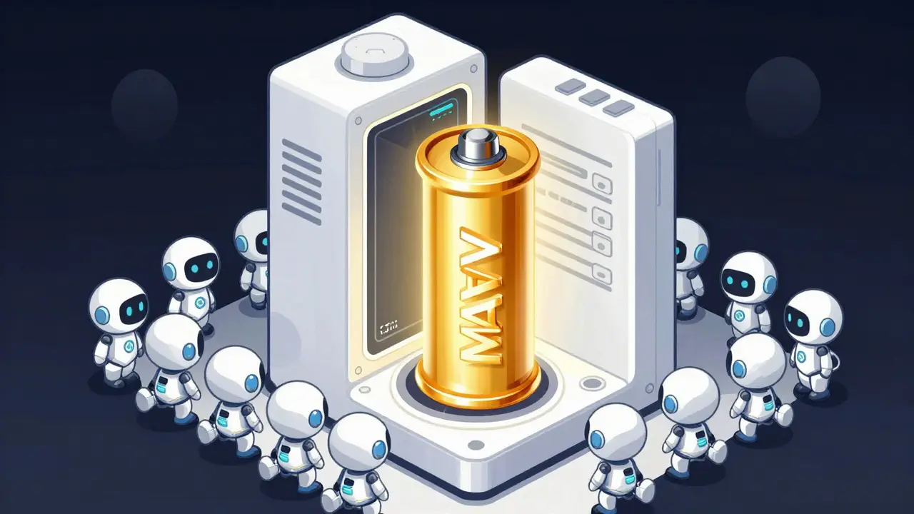 Cartoon illustration of a golden MAV token powering a DeFi machine with small robots.