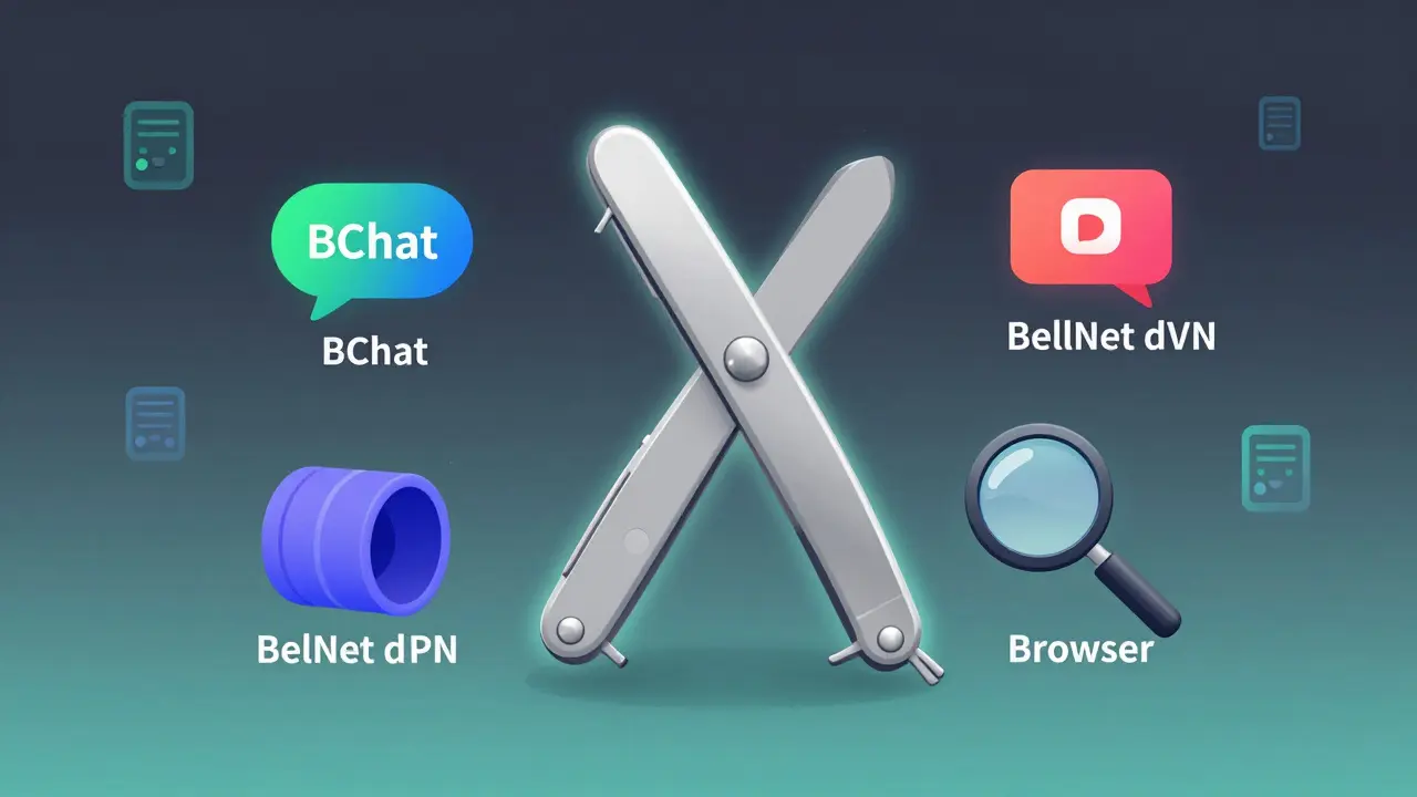 Cartoon illustration of Beldex tools including a private chat, dVPN, and browser.