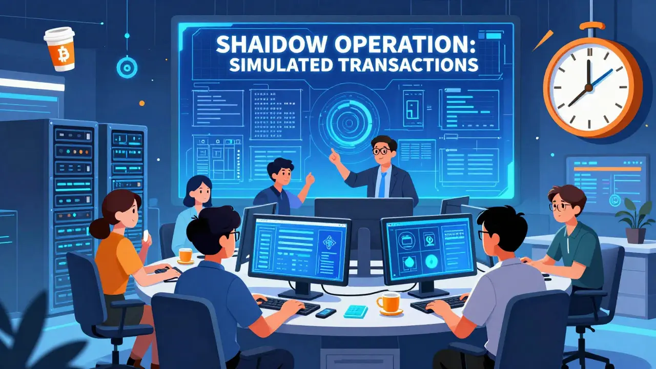 Cartoon illustration of developers running a simulated shadow operation for a crypto license