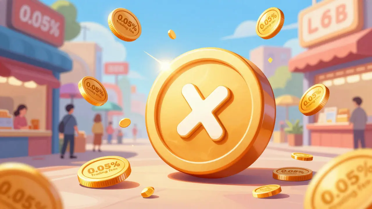 Cartoon illustration of xSUSHI token attracting small gold fee coins from a digital market.