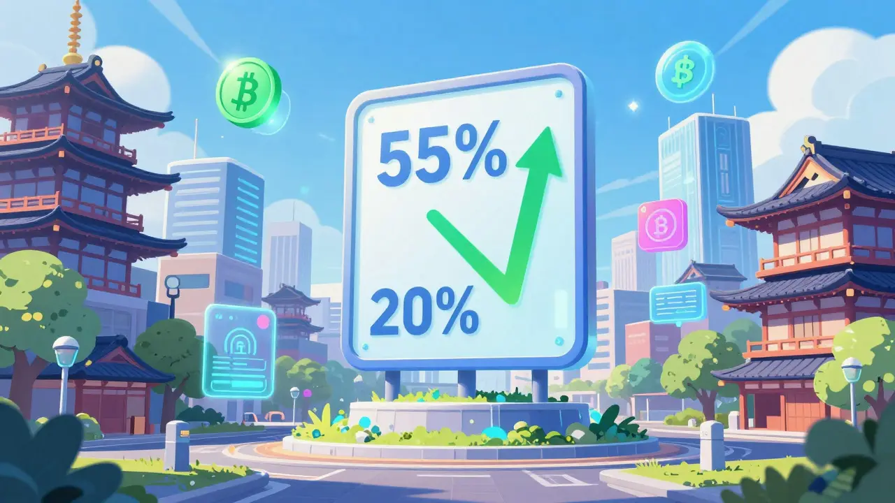 Cartoon of a futuristic Japanese city becoming a digital asset hub with lower taxes