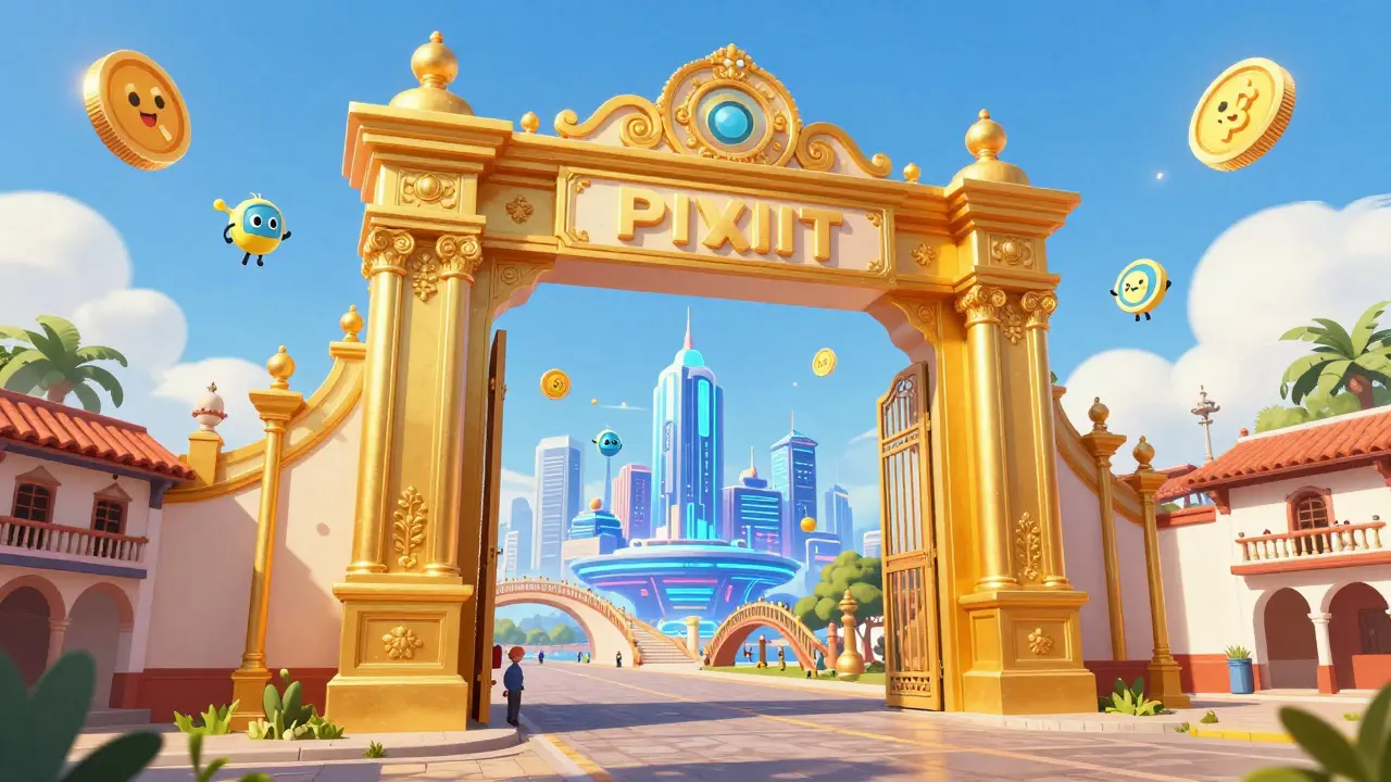 Cartoon of a golden gate opening to a futuristic digital finance city in Bolivia.