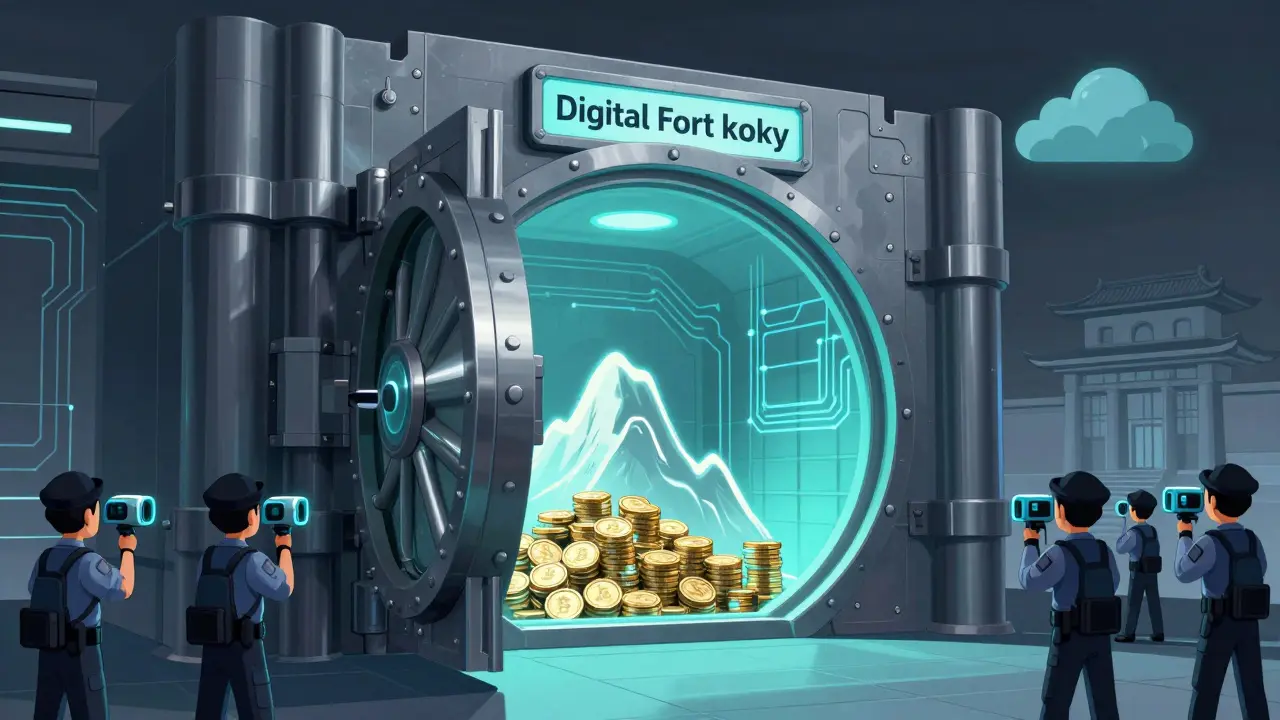 Cartoon of a high-tech digital vault representing 95 percent cold storage security