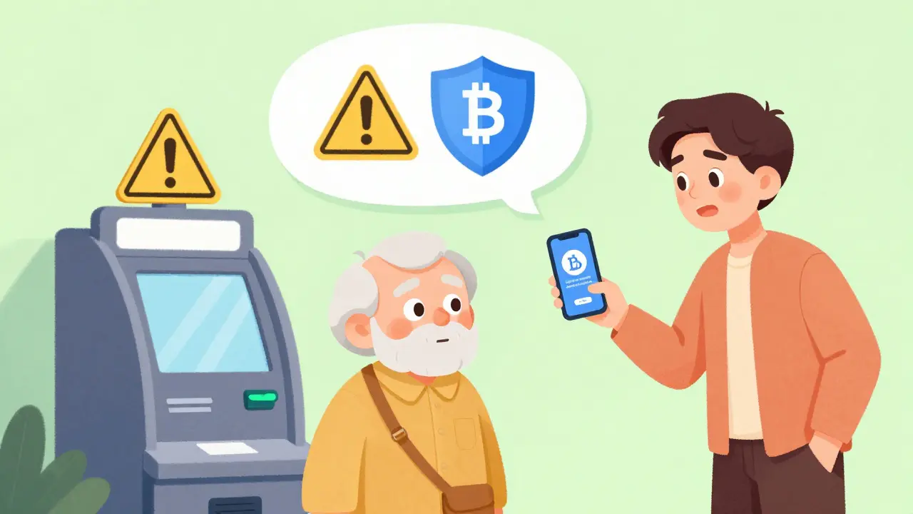 Cartoon of a senior citizen being guided away from a crypto ATM toward a safer digital alternative.