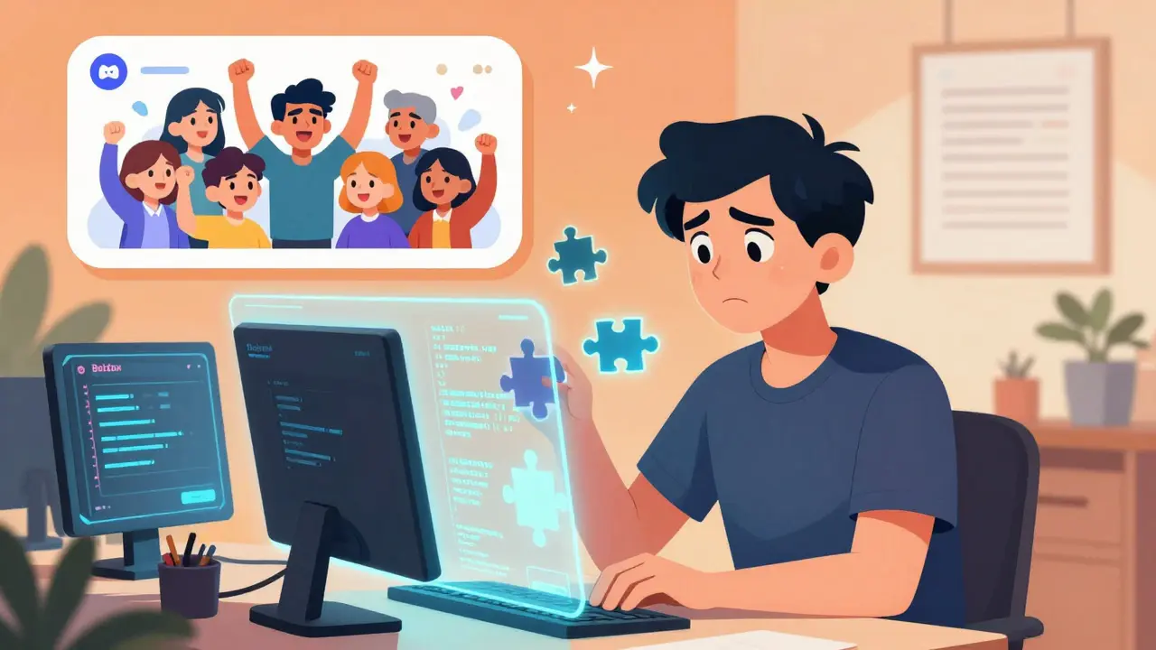 Cartoon of a user setting up a masternode with help from a supportive community.