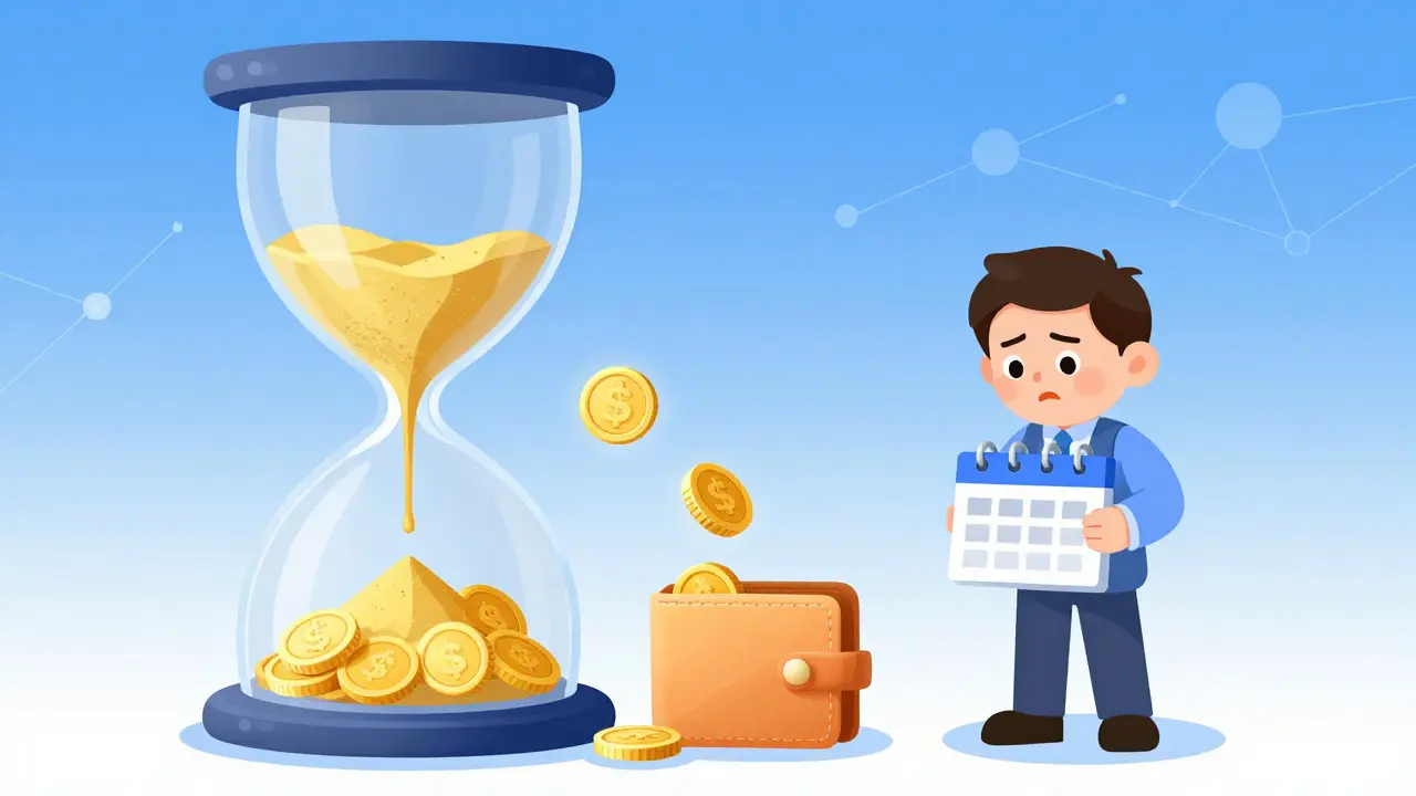 Cartoon of golden tokens slowly dripping through an hourglass into a digital wallet.