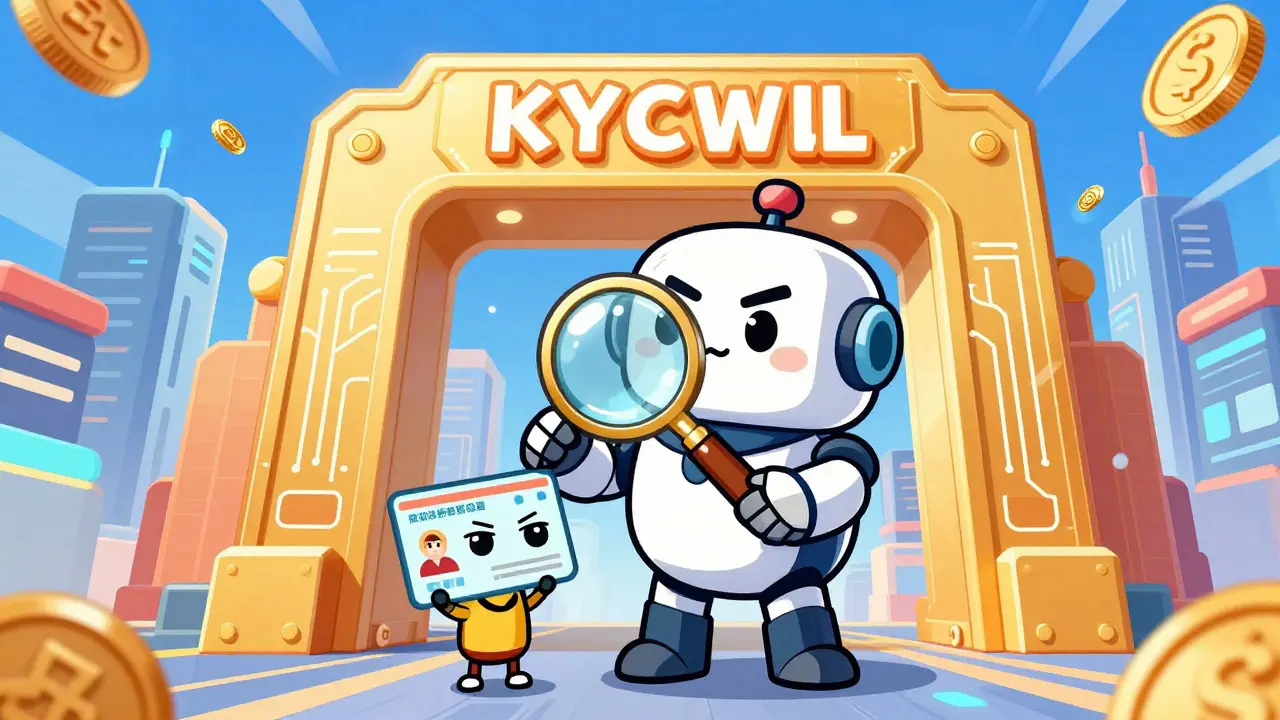 Cartoon robot inspecting an ID card at the entrance of a digital trading city.