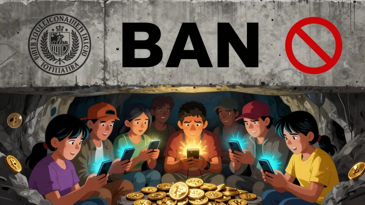 Cartoon showing a grey government wall above a secret underground crypto trading group.