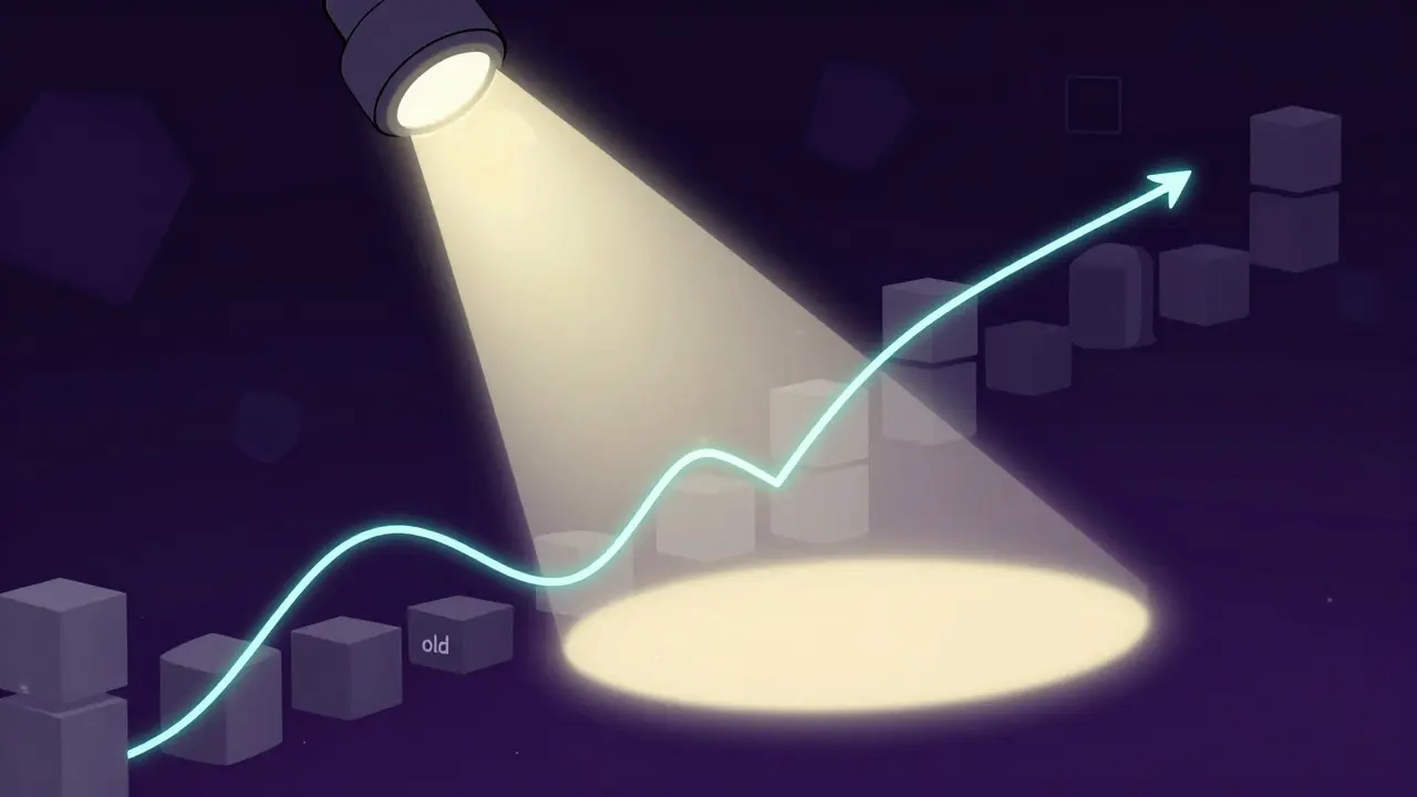 Cartoon spotlight following a neon price graph line in a dark purple space.
