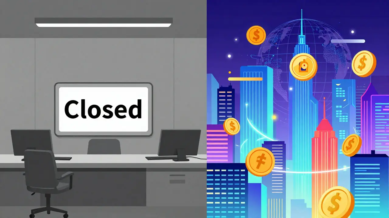 Contrast between a stagnant office and a futuristic digital city.