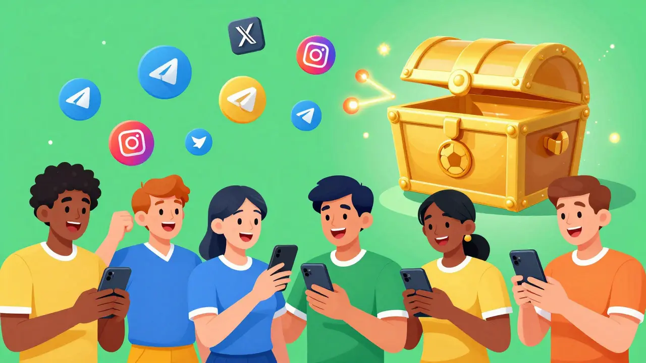 Fans using smartphones to complete social media tasks for an NFT airdrop