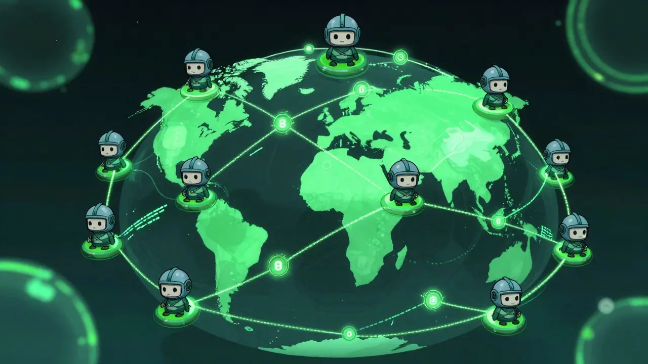 Globe with connected secure nodes and guardian mascots.