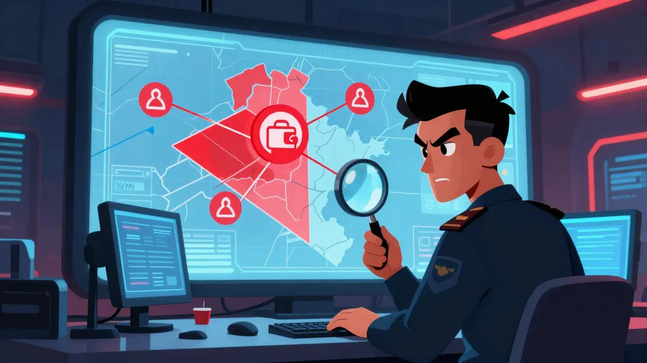 Government officials monitoring digital cryptocurrency activity on screens.