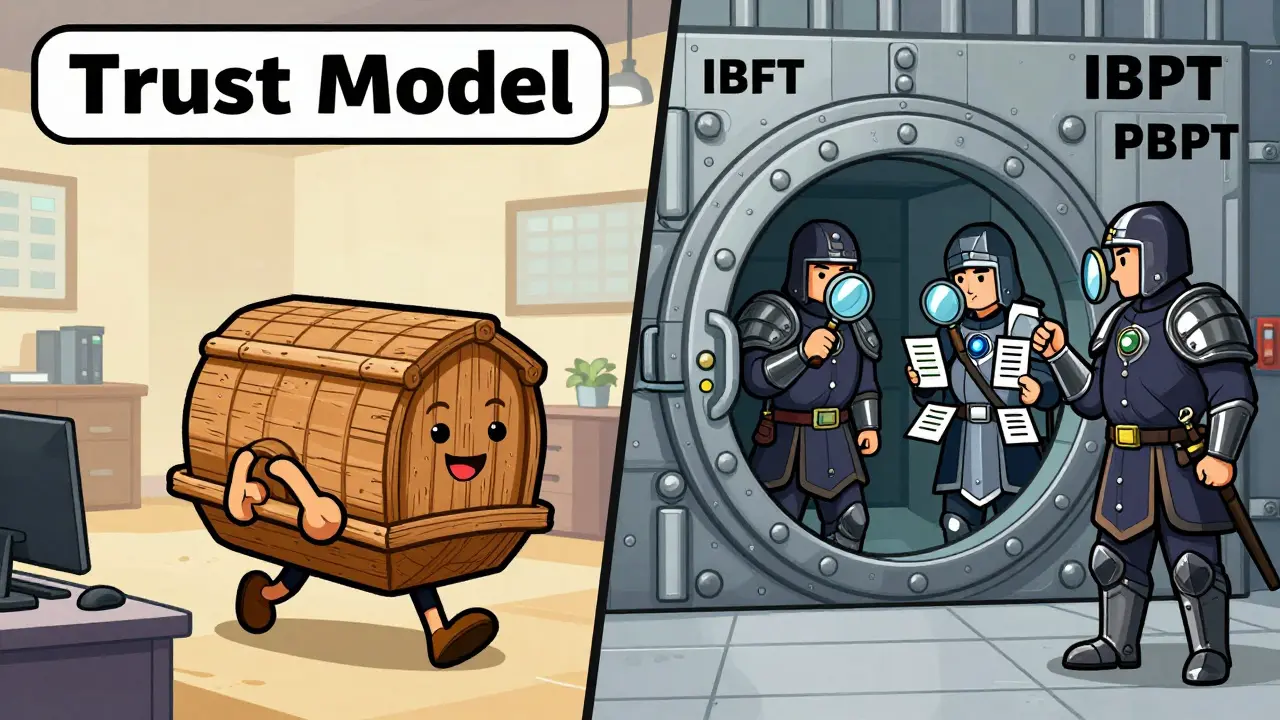 Split-screen cartoon showing a simple raft for internal trust and armored guards for high security