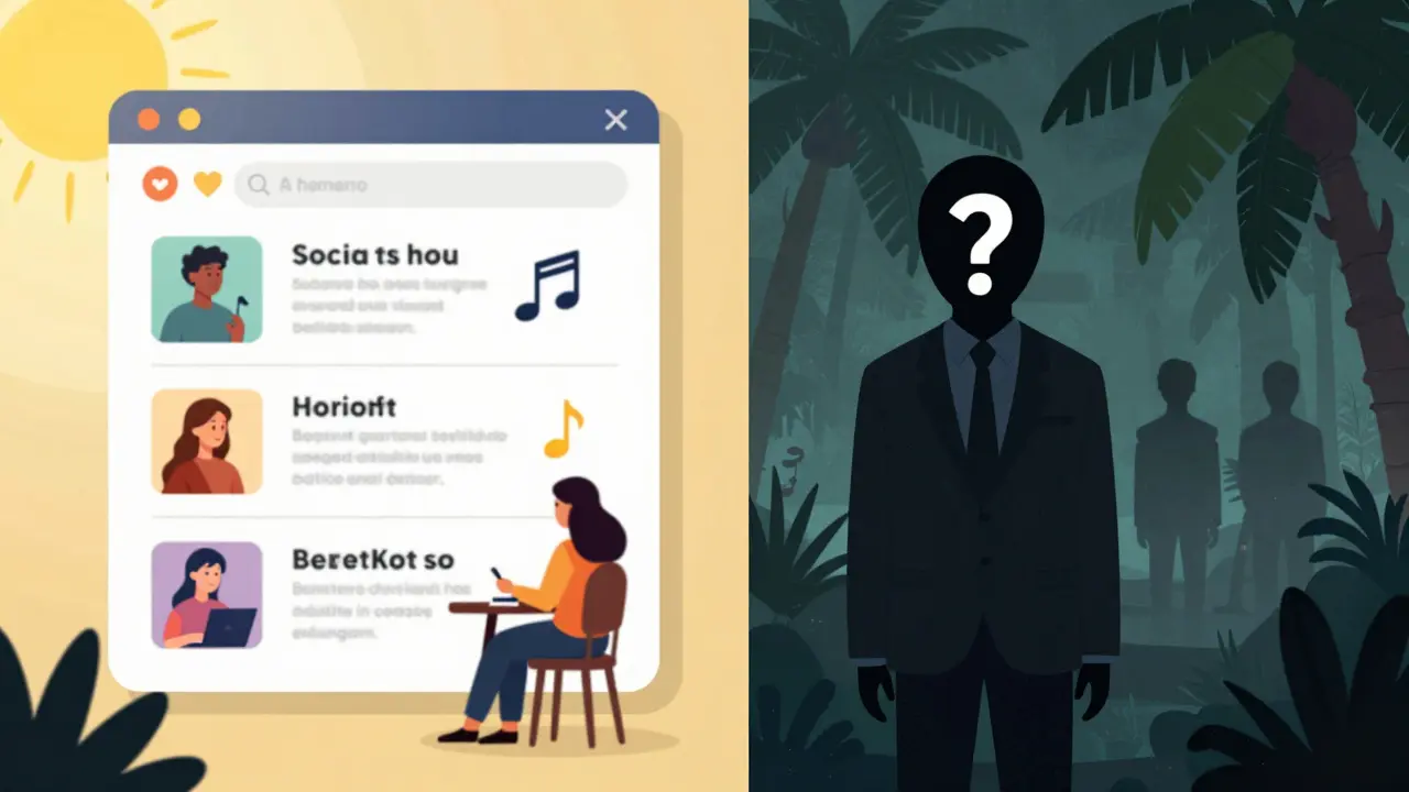 Split screen showing a creative social hub versus a mysterious anonymous figure