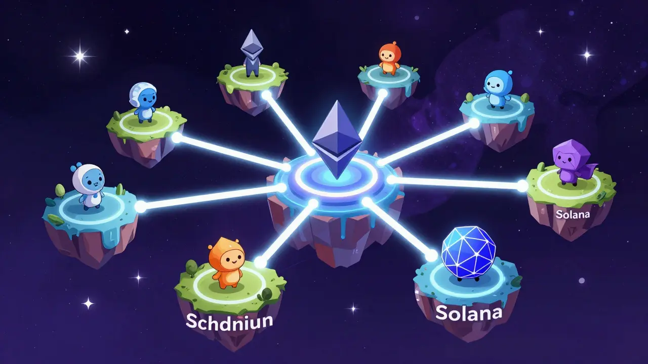 Stylized cosmic map showing interconnected blockchain network islands