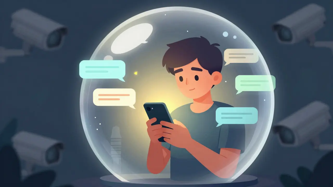 User in secure bubble avoiding surveillance cameras.