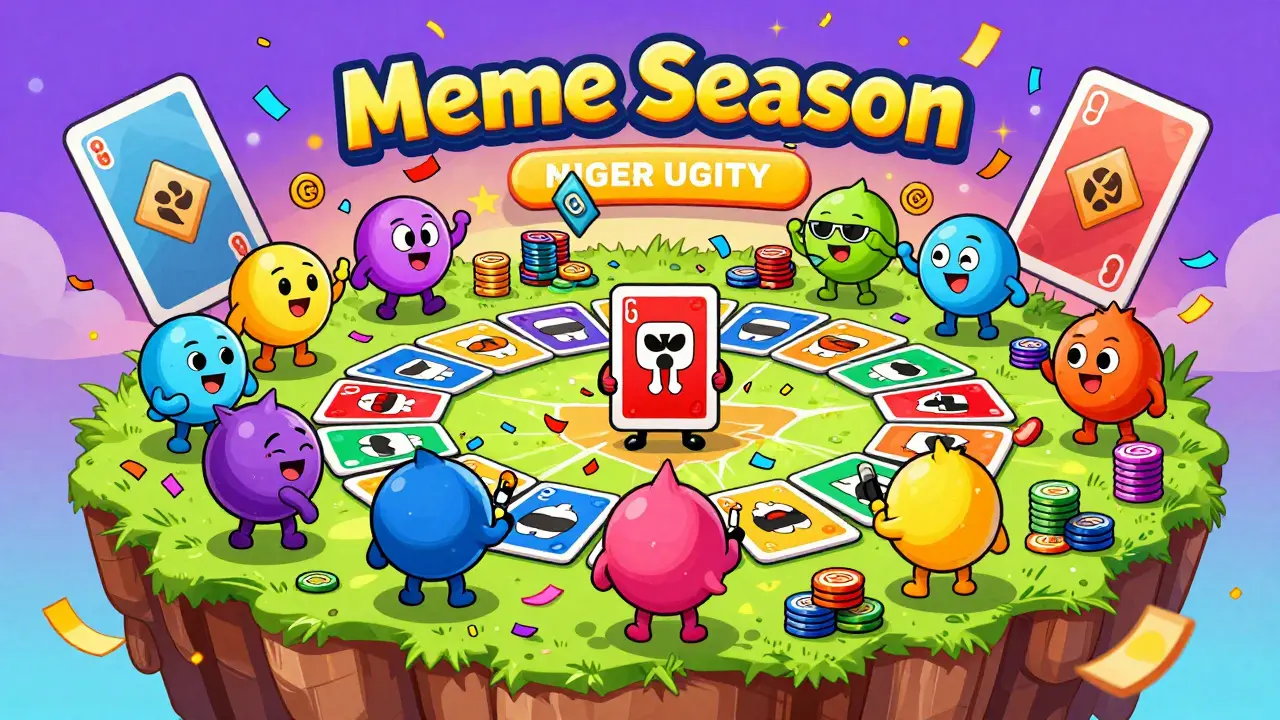Whimsical cartoon scene of meme characters playing a card game with LOCG tokens.