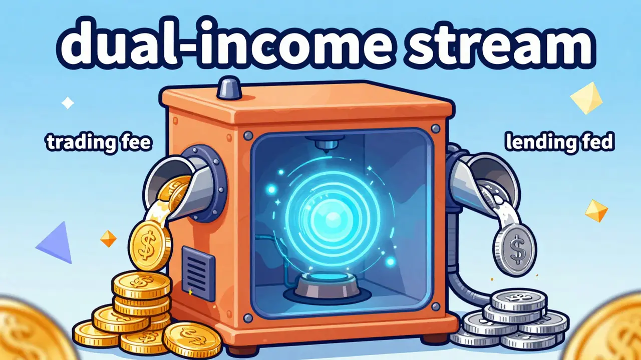 Whimsical machine producing two separate streams of gold and silver coins for dual yield.