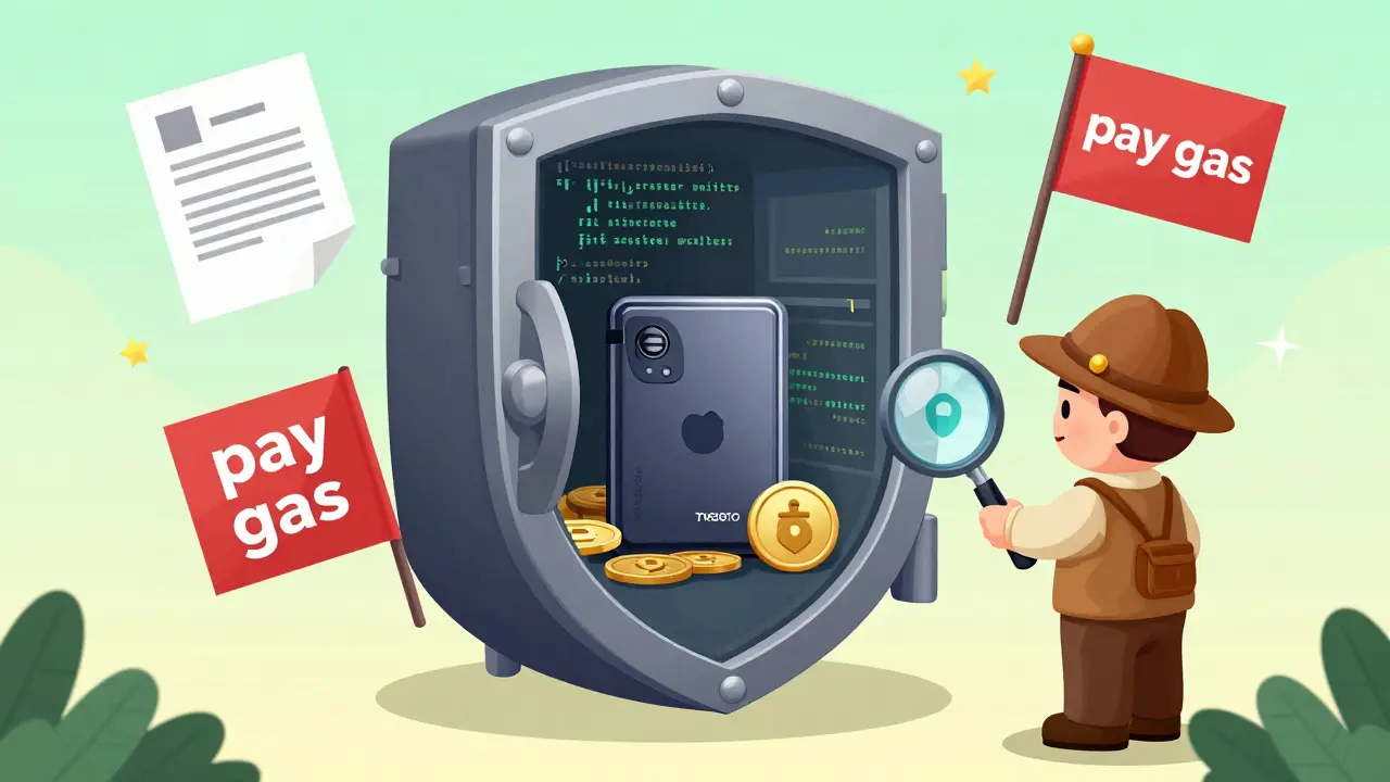A cartoon shield protecting a hardware wallet from fake crypto scams and red flags.