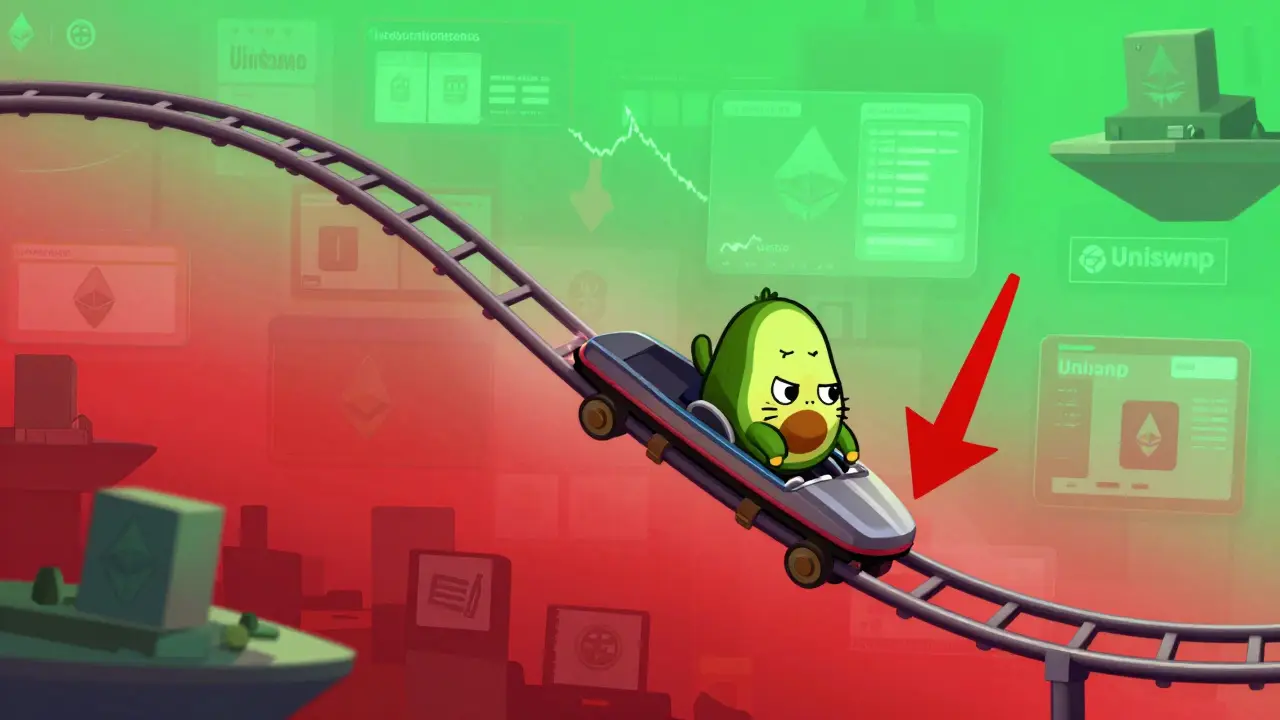 Cartoon avocado cat on a volatile crypto price rollercoaster