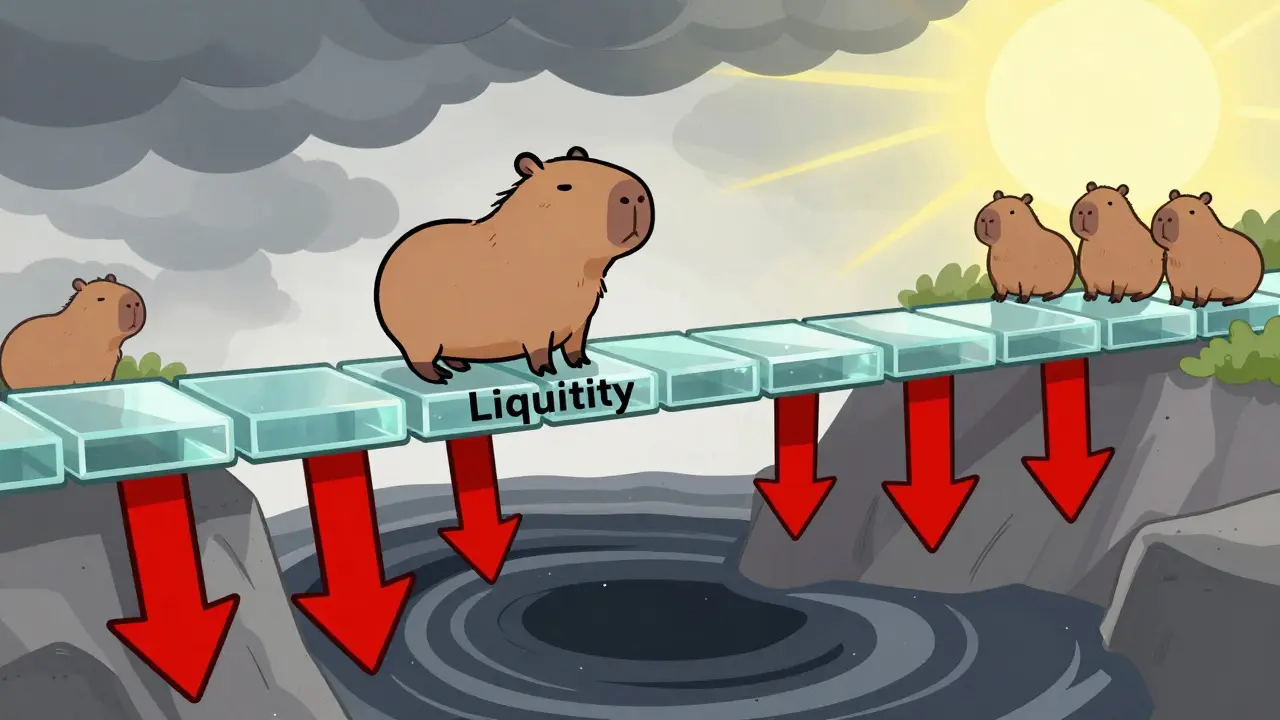 Cartoon capybara on fragile bridge over volatile market abyss