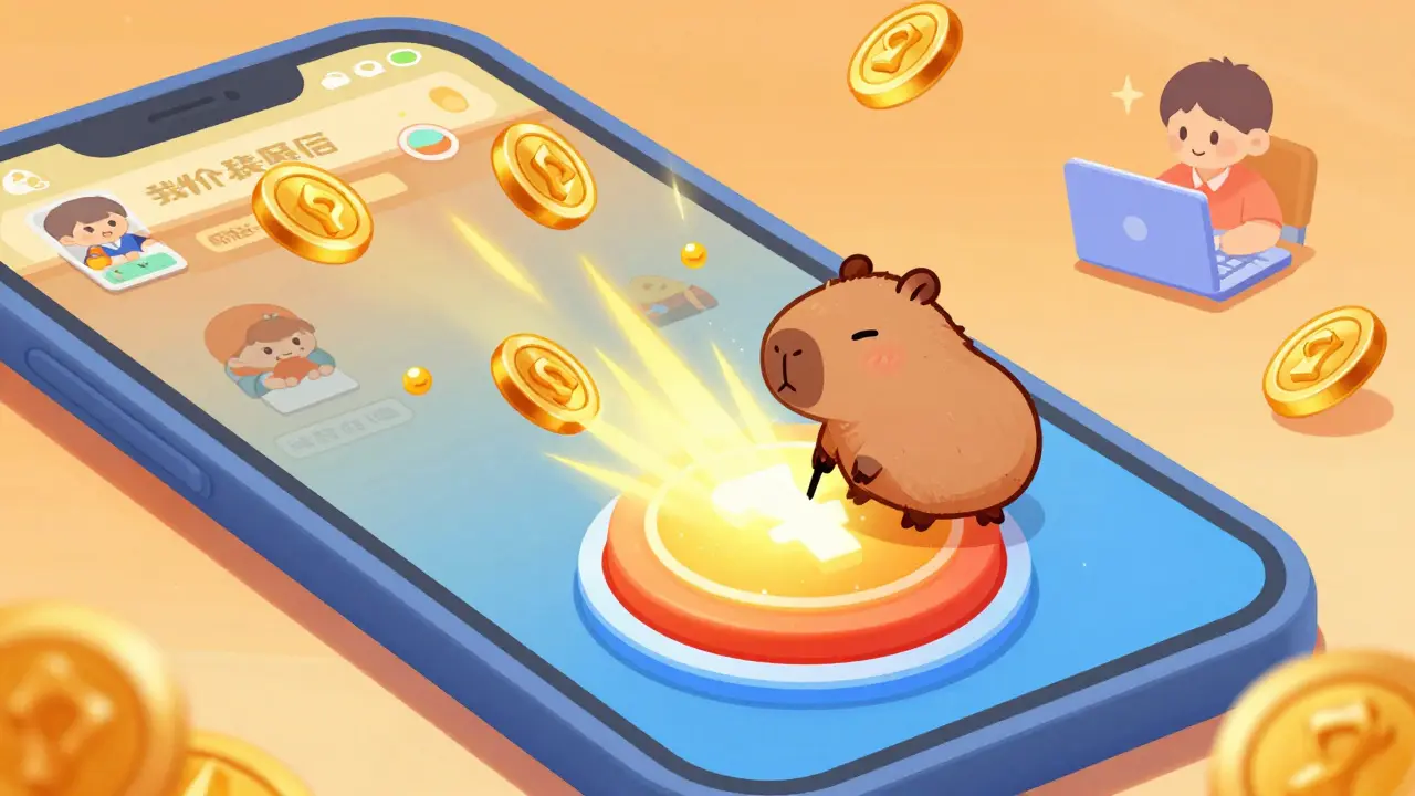 Cartoon capybara tapping phone screen to earn golden BARA tokens