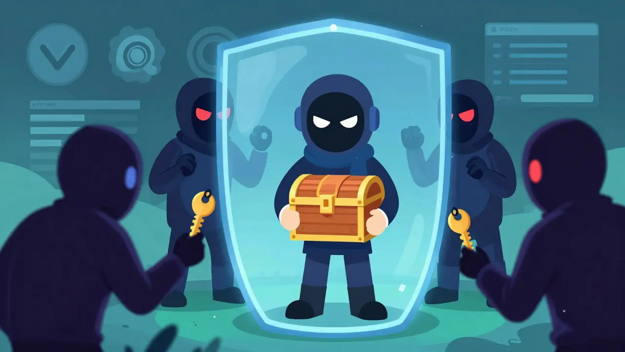 Cartoon character securing wallet with shield against crypto scammers
