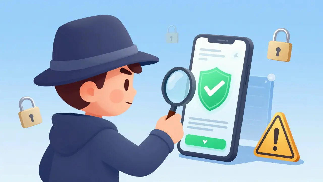 Cartoon character verifying secure wallet connection with magnifying glass