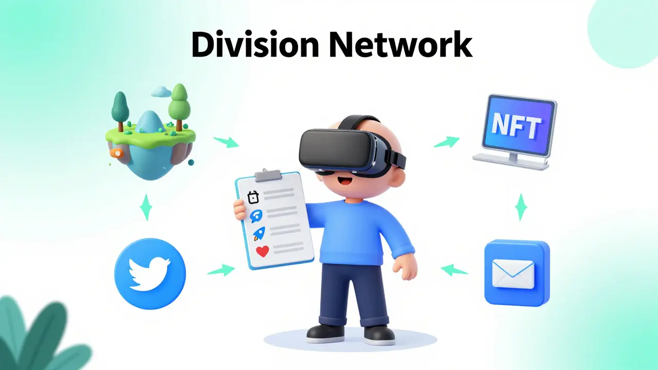 Cartoon character with VR headset holding a checklist of airdrop tasks in a digital world.