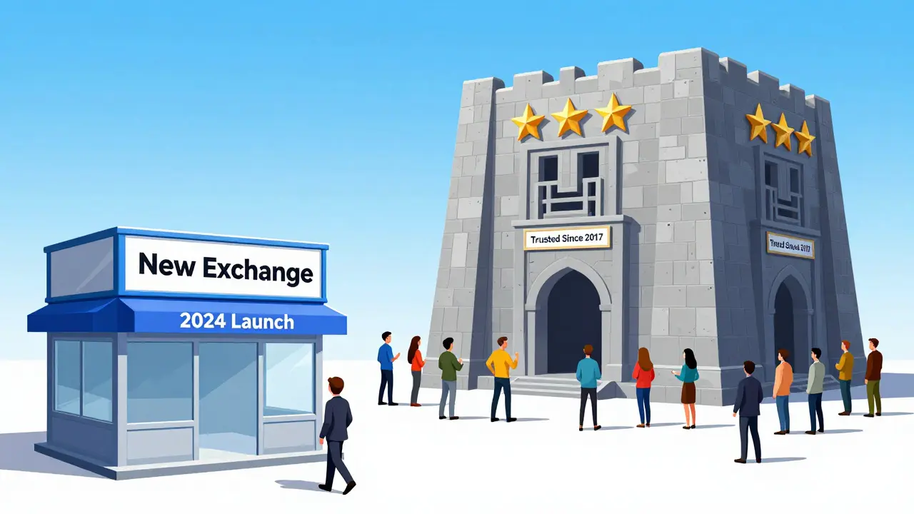 Cartoon comparing a small new exchange storefront to a large trusted fortress.