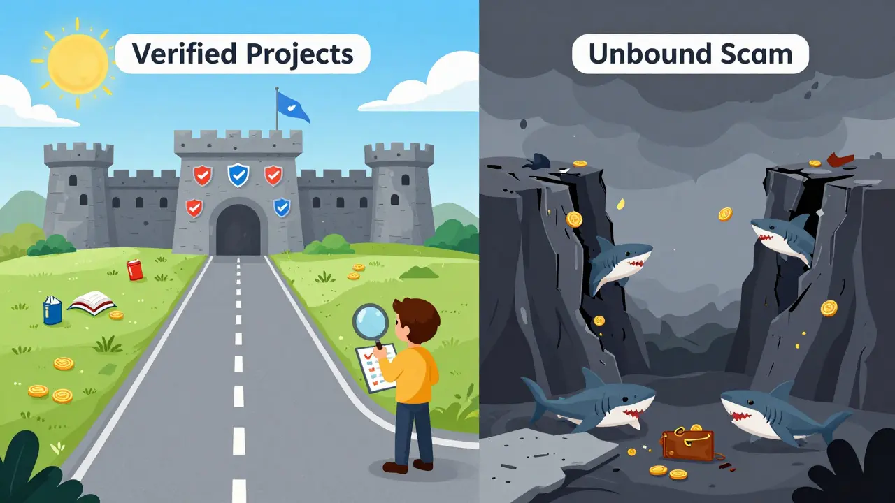 Cartoon comparing safe verified crypto projects to dangerous scam traps.