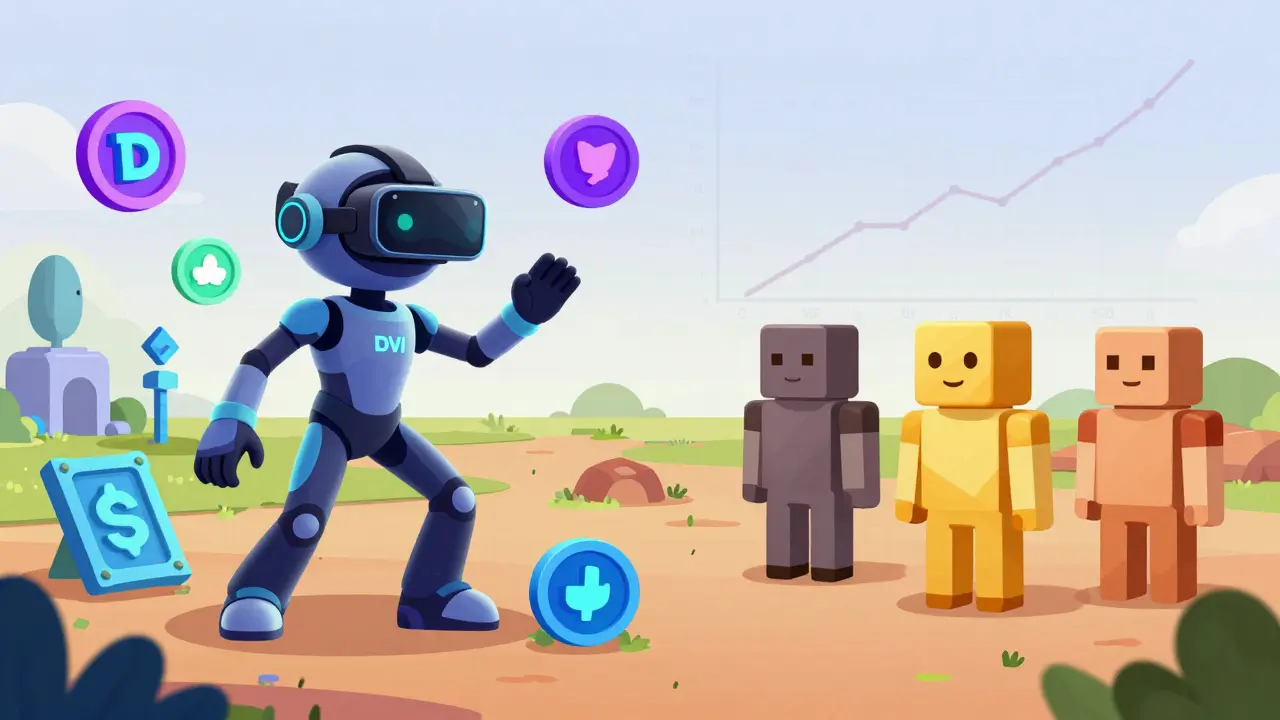 Cartoon comparison of DVI VR creator avatar versus generic metaverse land avatars.