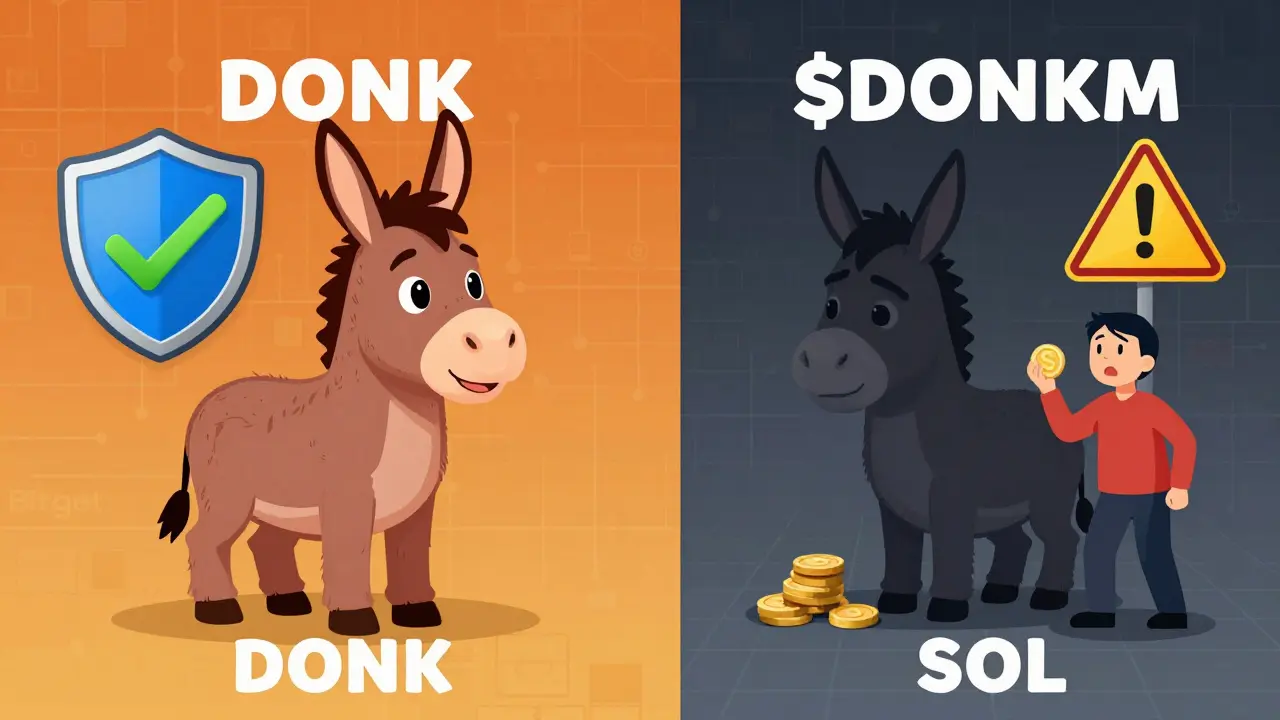 Cartoon comparison showing safe DONK token vs risky fake DONKM token.