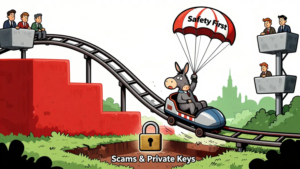Cartoon donkey riding a volatile market rollercoaster with safety gear.