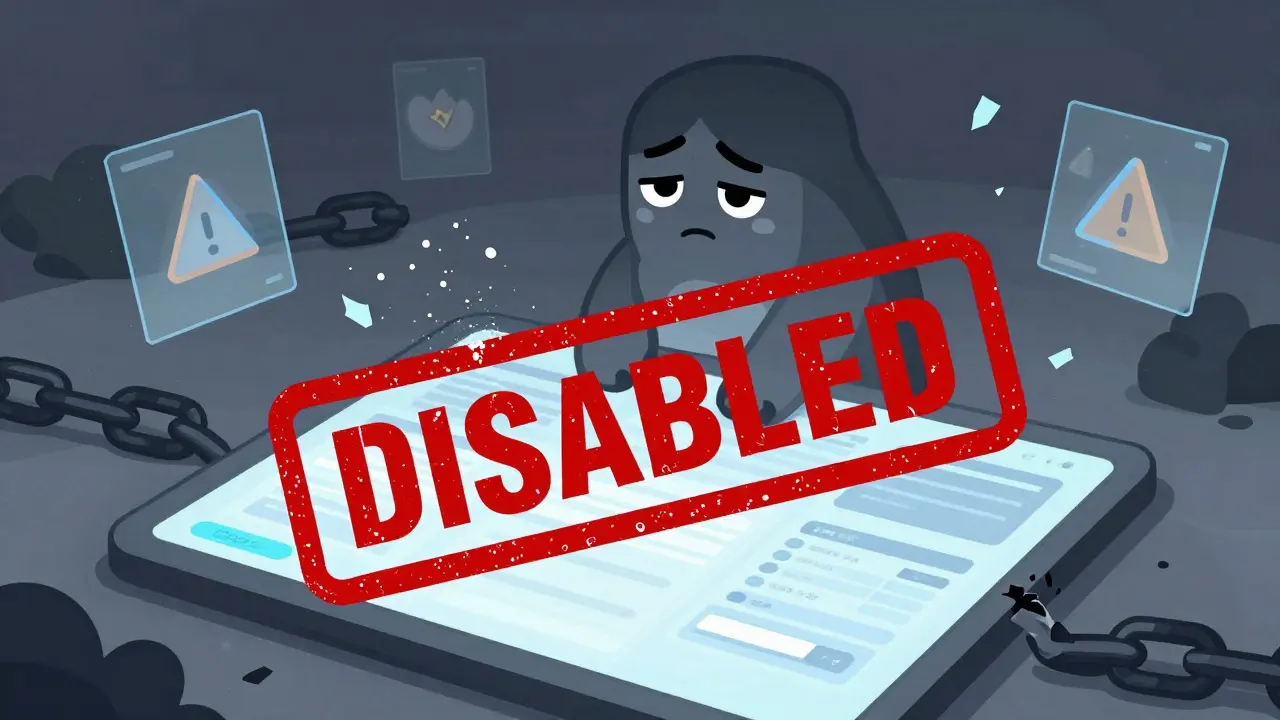 Cartoon illustration of a disabled trading screen with a red stamp and sad mascot.